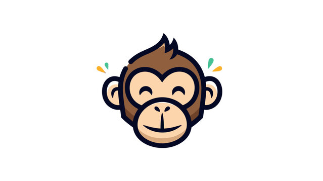 A cute and happy cartoon monkey face with brown fur and a smiling expression, featuring small colorful sparkles near its ears on a plain white background.