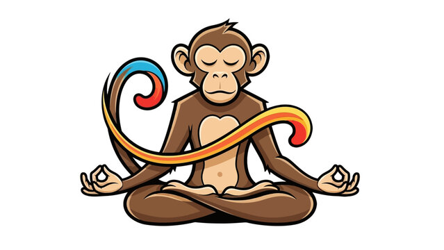 Cartoon monkey meditating in lotus position with a long, colorful, gradient tail wrapped around its body on a white background.