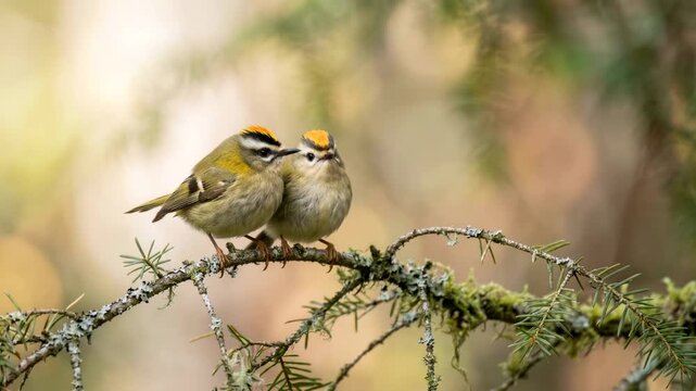 two golden crowned kinglets singing close up in rocky mountain national park usa morning light video