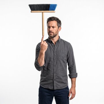 Man balancing broom on finger with focused expression on white background