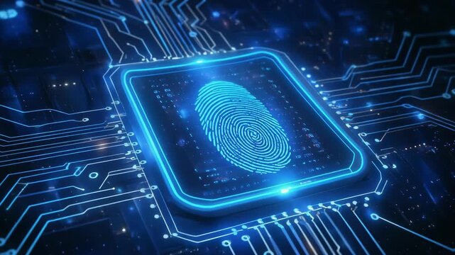 Fingerprint sensor activating on digital circuit board glowing with blue light during data security concept