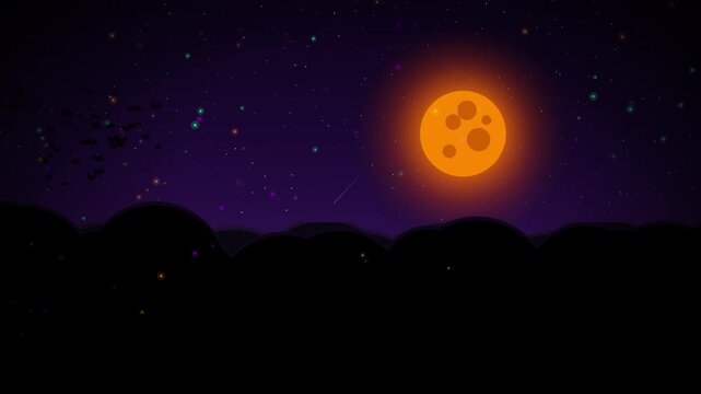 Halloween Night Sky Orange Moon Bats and Witch Silhouette Background