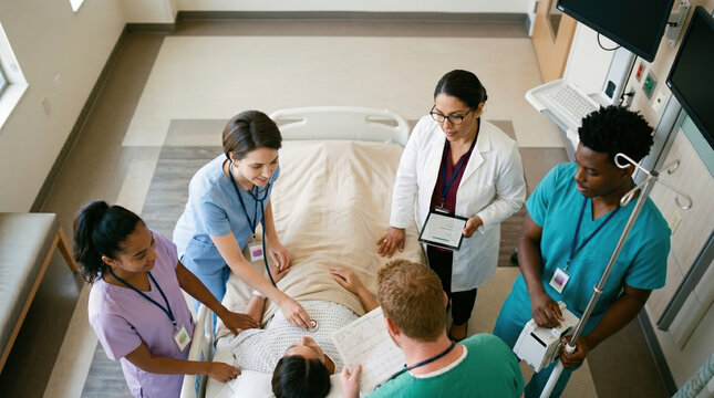 Medical team cares for patient in hospital room during daytime