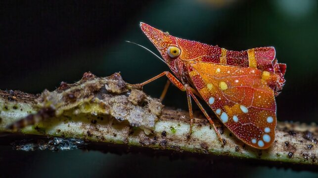 Close-up of orange and red treehopper insect with intricate texture and white spots on a branch