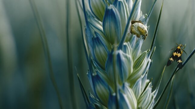 Close-up of wheat spike with yellow and black moth and caterpillar larvae detailed nature macro photography