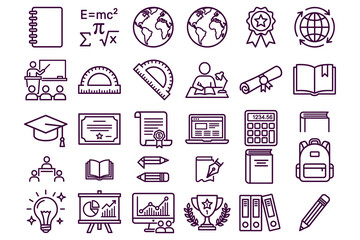 Fototapeta premium Education and learning icons set with various symbols representing knowledge, science, and academic achievements