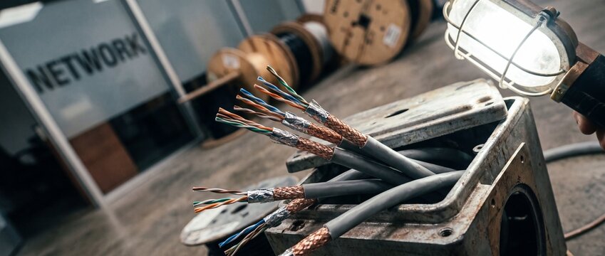 Network ethernet cable installation work showing stripped copper wires in an industrial junction box with a bright work light for IT infrastructure and telecommunication data connectivity setup.