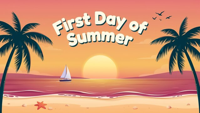 Tropical beach scene with palm trees and sailboat vibrant vector illustration summer ocean sea coast