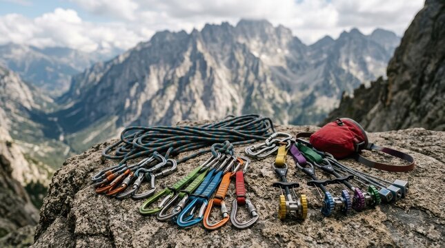 A collection of professional rock climbing equipment neatly arranged on a rugged mountain rock, featuring durable metal carabiners, colorful quickdraws, protective cams, climbing rope.