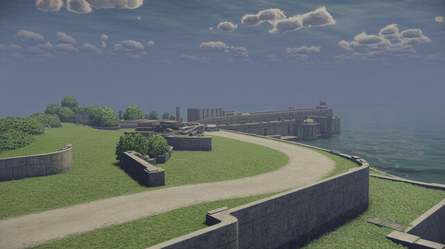 Coastal fortress scene with winding pathway and cloudy sky digitally rendered waterfront structure building architecture