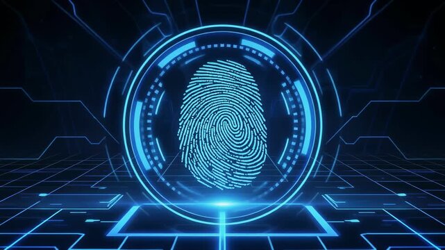 Futuristic digital fingerprint scanner glowing with blue neon circuits on a dark technological background with subtle camera zoom
