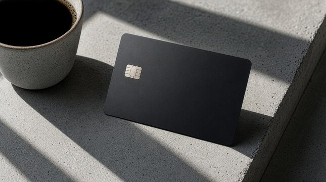 Sleek matte black unbranded credit card on a rough gray concrete slab next to a ceramic cup of black coffee with sharp directional window shadows.