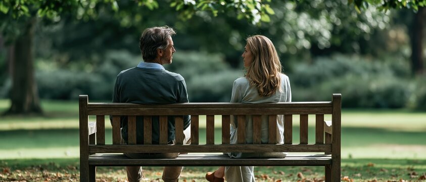 Two adults connect through meaningful dialogue on a wooden bench in a sunlit park. Ideal for therapy, relationship counseling, mental wellness, and retirement lifestyle campaigns.