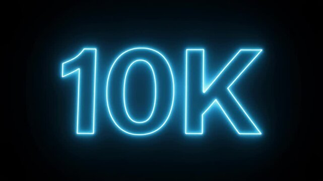 Glowing neon 10k numbers pulsing with purple and blue light on a black background for social media growth concepts