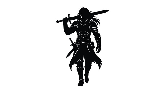 A bold black silhouette of a medieval warrior carrying a sharp longsword across his shoulders