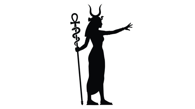 Black silhouette of the egyptian goddess isis holding a staff with an ankh and snake