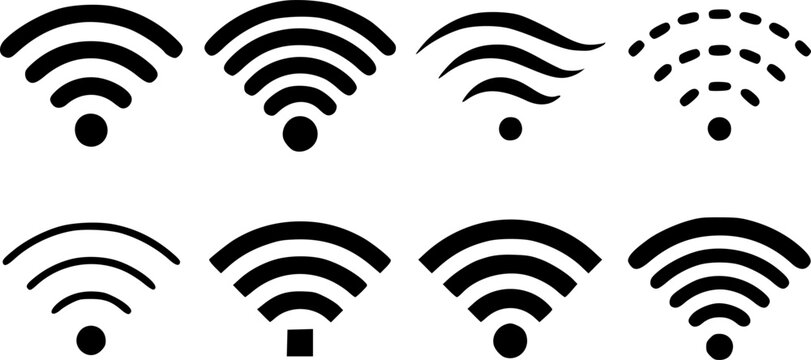 WiFi wireless signal icon set with multiple styles including solid, outline, dotted, and wave variations in black, a clean and versatile internet connection symbol vector perfect for UI design, app, a
