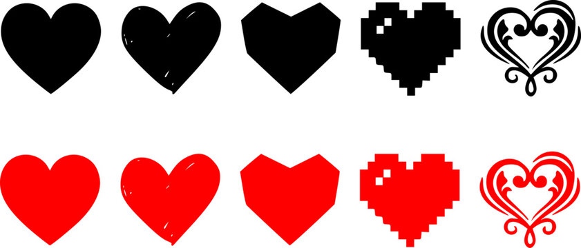 Heart icon set in black and red with solid, pixel art, and decorative floral styles, a versatile love symbol vector collection perfect for Valentine's Day, wedding, romance, gaming, and social media g