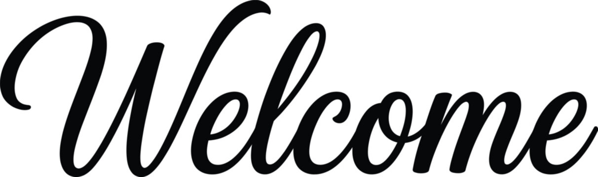 Welcome word in black elegant cursive calligraphy script font style for signage and graphic design
