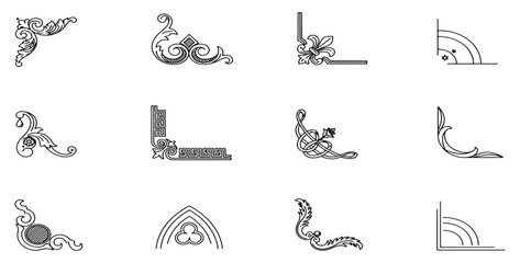 Obraz premium Set of decorative hand drawn corner elements. Divider ornament, borders, doodle, separators, page dividers, header, vector