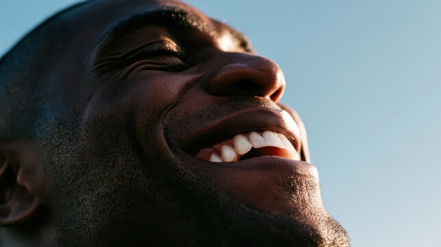 Joyful Man's Profile, Close-Up, Laughing Under Blue Sky, Highlighting Happiness and Outdoor Setting