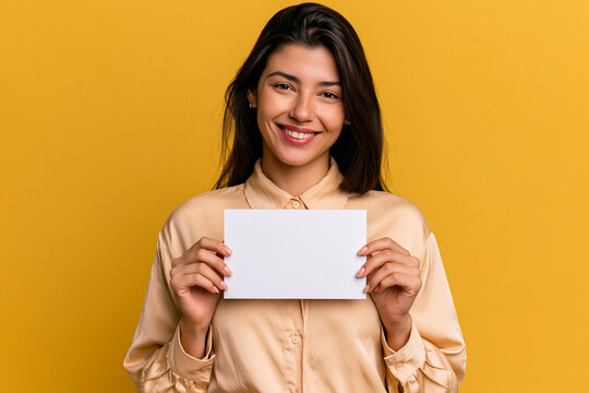 Mulher brasileira feliz segurando mockup de cart&atilde;o em branco. Jovem sorridente mostrando template para vale-presente, cupom, voucher, certificado ou bilhete de loteria.