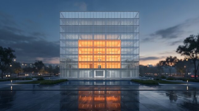 Modern glass cube office building at dusk