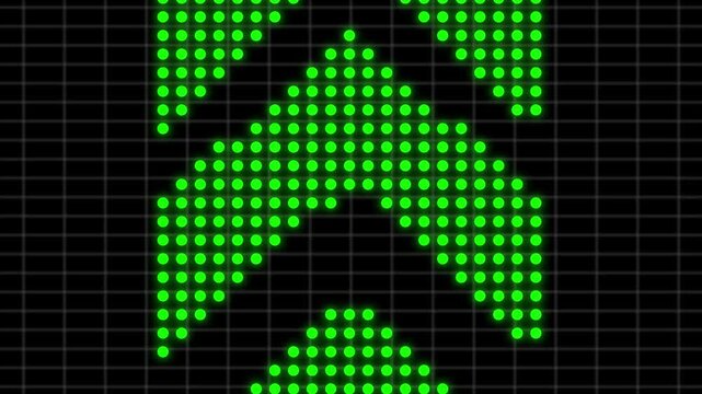 Green led dot matrix arrow animation moving upward on digital grid background, motion