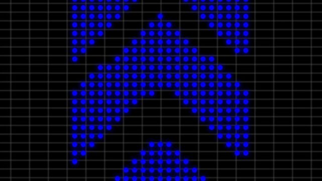 Blue led dot matrix arrow animation moving upward on digital grid background, motion