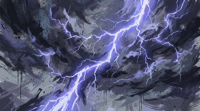 Dramatic lightning bolt splitting through turbulent stormy clouds in a powerful digital painting with electric blue energy