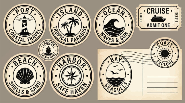 Vintage nautical travel stamps collection, retro coastal vacation badges and cruise ticket vector, antique maritime postmark set for summer tourism