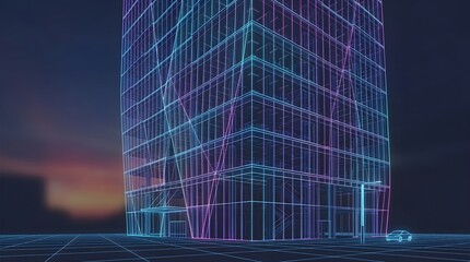 Fototapeta premium Neon lit skyscraper at sunset
