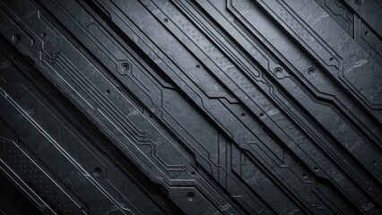 Fototapeta premium Dark metallic textured surface features intricate geometric patterns and precise industrial lines in matte grey finish