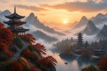 Obraz premium Mountains rise in the background with two temples along the river. The sun sets, casting warm light. Colorful trees line the water's edge, creating a tranquil scene.