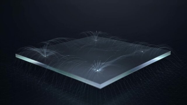 Glowing light filaments emerging from a glass platform in this abstract digital motion video clip showcasing complex energy flow patterns