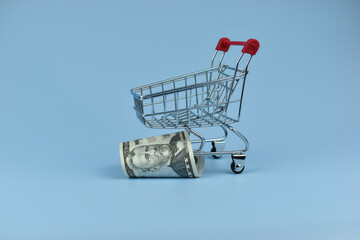 Mini shopping cart holds crumpled bills © Nazir