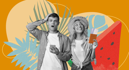 Obraz premium Surprised Young Couple, Caucasian Male And Female, Holding Travel Tickets And Smartphone While Planning Vacation Together At Home. Excitement And Anticipation For Their Upcoming Trip.