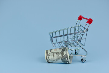 Mini shopping cart holds crumpled bills © Nazir