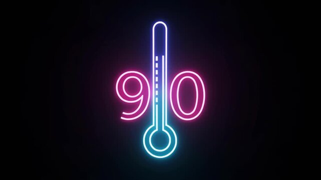 Neon thermometer with 90 percent symbol glowing on black background with subtle movement