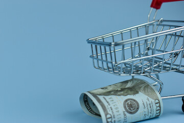 Mini shopping cart holds crumpled bills © Nazir