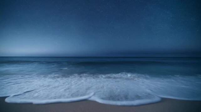 Ocean waves breaking on a dark beach with smooth motion during twilight blue hour lighting