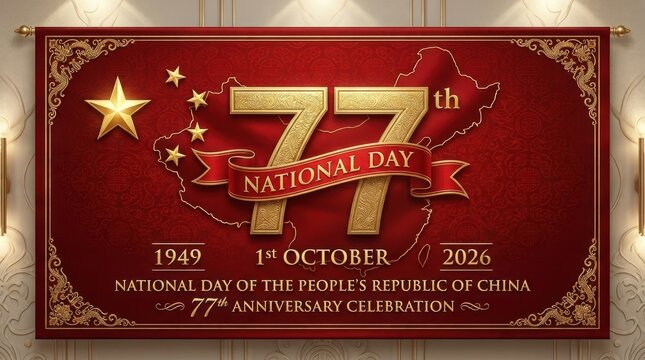 National Day Horizontal festive banner for 77th anniversary of People's Republic of China with gold map and traditional motifs