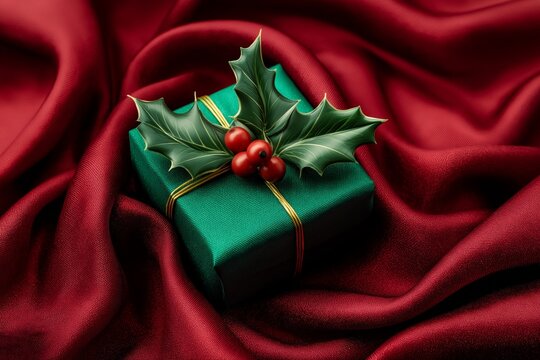 Elegant green gift box adorned with holly berries, placed on luxurious deep red silk fabric, perfect festive holiday present for Christmas or special occasions.