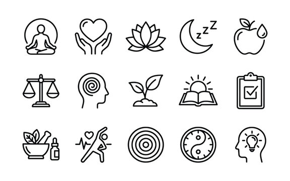 Wellness and mindfulness line icons set healthy lifestyle, mental health, self care, yoga, meditation, nutrition, sleep, and holistic balance vector symbols