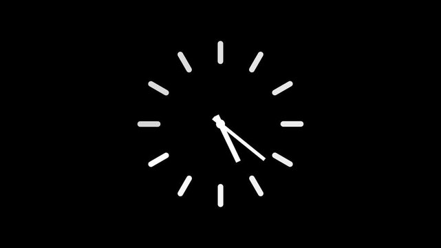 Minimal Analog Clock Animation with Rotating Hour and Minute Hands on Black Background, Modern Time Concept Motion Graphic, White Clock Face, Seamless Loop for Countdown, and 4K Video Background.