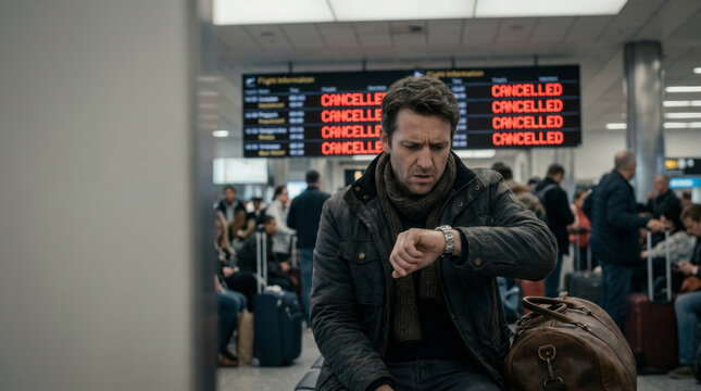 Man checks watch anxiously at airport with canceled flights displayed on departure board, travel disruption concept
