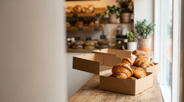 Golden flaky croissants in craft boxes on a wooden counter, bakery interior with soft natural light