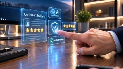 Fototapeta premium Ai powered customer review verification system with hand interaction