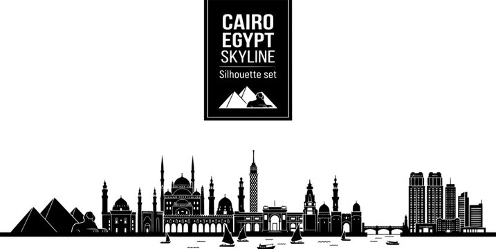 Cairo Egypt City Skyline Landmark Silhouette Set Black White Travel Bundle Vector Illustration Isolated White Background