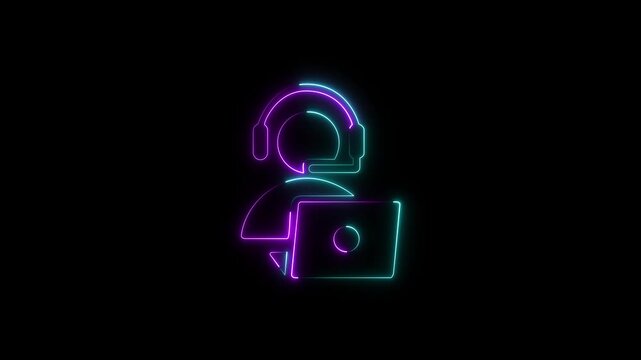 Glowing neon helpdesk icon isolated on black background. HD Video. animation